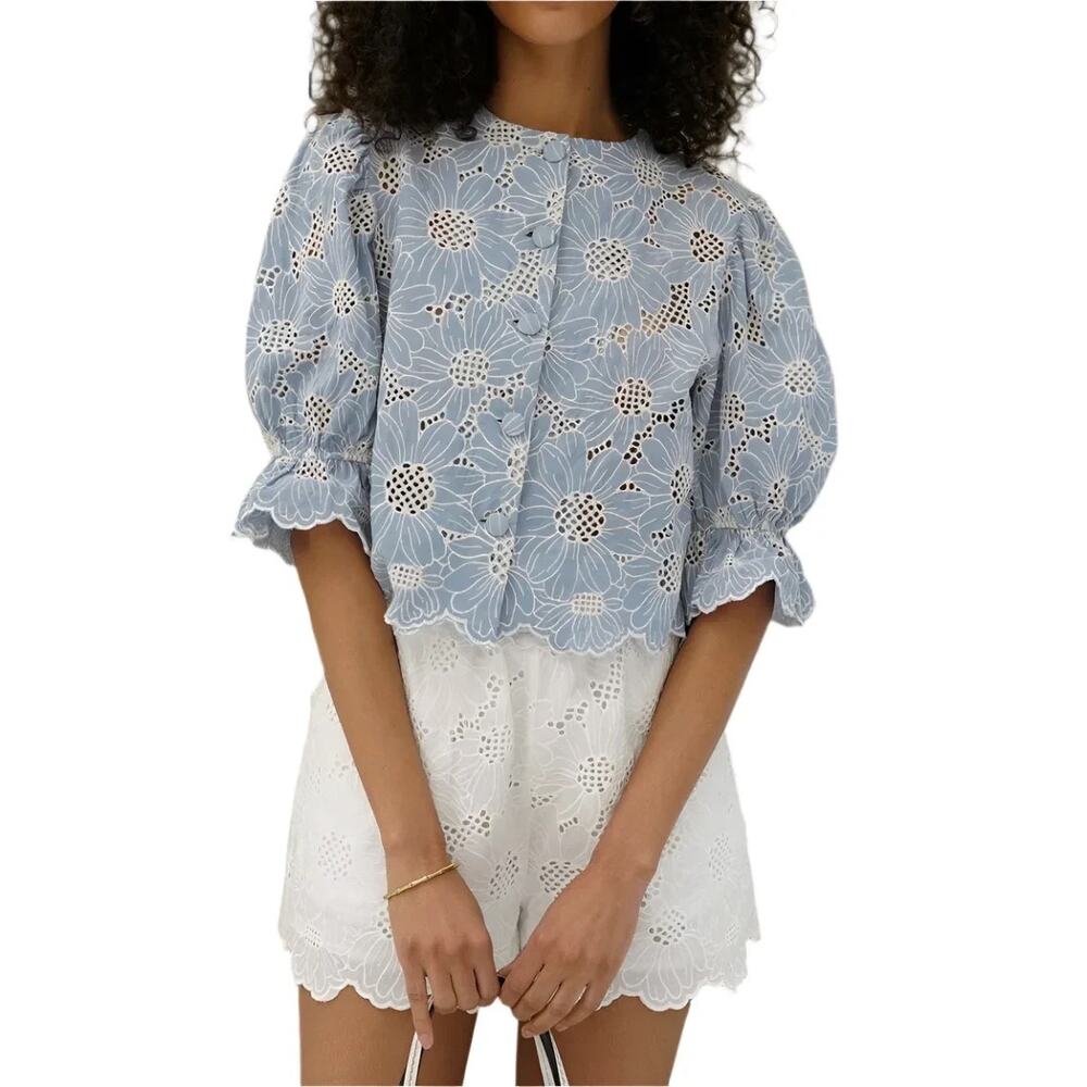 NWT Vita Grace Reena Embroidered Cotton Blouse in Sky Blue